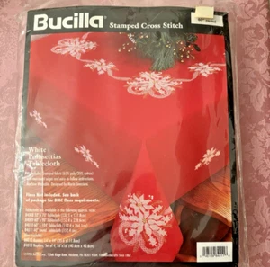 White Poinsettias Stamped Cross Stitch -60 " Round Tablecloth - Picture 1 of 2