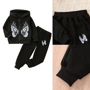Kids Girls Tracksuit Workout Sport Suit Butterfly Printed Sportwear Jogging - Picture 1 of 20