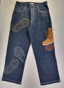 Raw Blue Mens Jeans 36x31 Baggy Relaxed Detailed 3D Suede Boot Stitch Embellish - Picture 1 of 22
