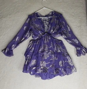 Asos Women Dress 10 Purple Floral Chiffon Long Sleeve ALine Open Back Tiere Mini - Picture 1 of 19