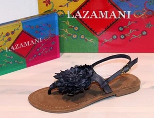 LAZAMANI Leder-Sandalette Flats Pantolette Zehentrenner Batik Blume Neu ! Gr. 39 - Bild 1 von 8