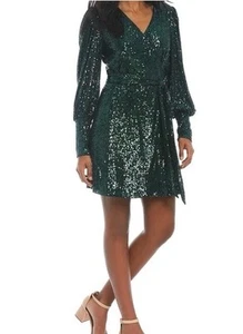 Gianni Bini Sequined Wrap Dress Long Party Wedding Sz large Emerald Green New - Picture 1 of 11