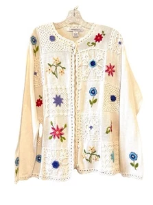 Vtg Granny Cardigan Large Crochet Floral Embroidery Button Front Coastal Cottage - Picture 1 of 12