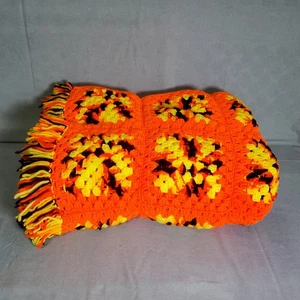 Handmade Crochet Afghan Throw Blanket Granny Square Fringe 46x74 Orange Yellow - Picture 1 of 5