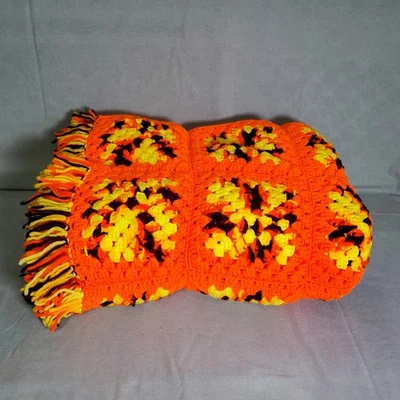 Handmade Crochet Afghan Throw Blanket Granny Square Fringe 46x74 Orange Yellow - Image 1 of 4