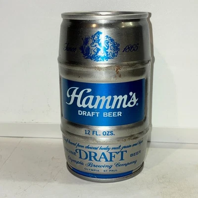 Lata de cerveza Hamm's Draft barril, fondo abierto Foto 1 de 4