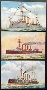 3 frühe HMS DRAKE CRESSY & DIADEM Unsere eisernen Schlachtschiffe Tucks Postkarte - Bild 1 von 2