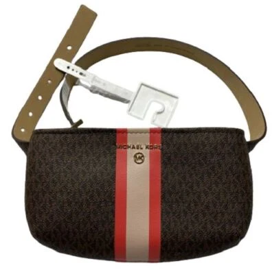 Bolso Cinturón Michael Kors Marrón Rojo Rayas MK Jet Logo Mujer L-XL Cintura Paquete NUEVO Foto 1 de 4
