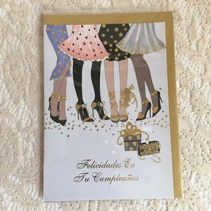 Spanish Happy Birthday Card Felicidades En Tu Cumpleanos Tarjeta Shoes Gold - Picture 1 of 2