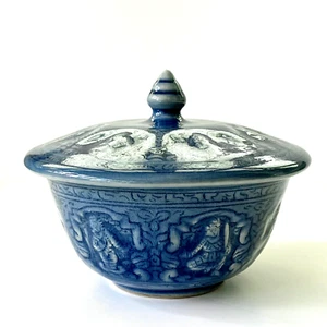 Thai Celadon Blue Lidded Bowl Raised Embossed Figures Deities Vintage - Picture 1 of 10