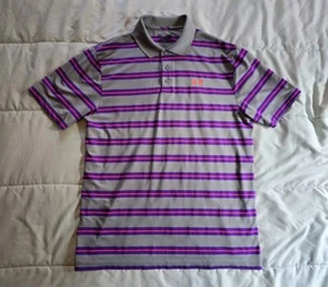 Under Armour Heat Gear Polo Shirt Mens Large Gray Purple Pink Stripe Golf Casual - Picture 1 of 14