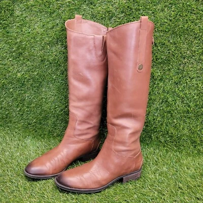 Botas femininas Sam Edelman couro marrom centavo equitação alta com zíper 7W - Imagem 1 de 4
