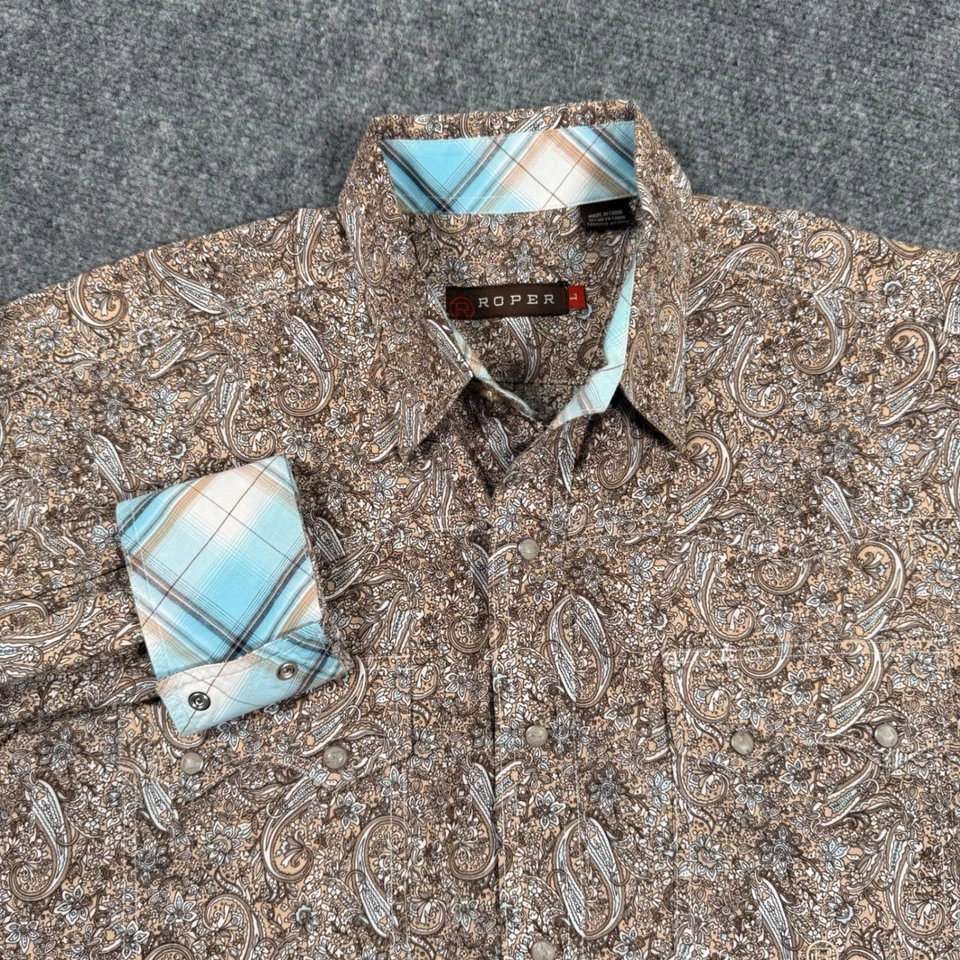 Roper рубашка большой коричневый пейсли печать длинным рукавом Flip манжеты Western Snap мужчин - Изображение 1 из 4