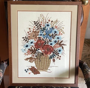 Vintage Framed Crewel Embroidery Floral Basket – Large Needlework Art 19x23" - Picture 1 of 13