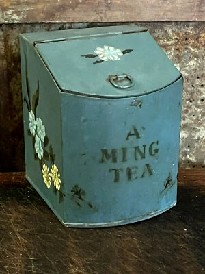 Best Old Blue Paint Primitive A Ming Tea Darjeeling Tea Metal Tin Box hinged lid - Image 1 of 4