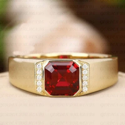 4.30ct Asscher Cut Natural Red Ruby & Diamond Men's Ring 18K Yellow Gold Plated - Image 1 of 4