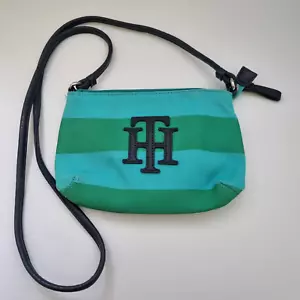 Tommy Hilfiger Blue Green Navy Logo Canvas Small Tote Authentic Designer Preppy - Picture 1 of 11