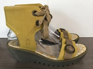 FLY London Yaje Platform Sandal Women's 9-9.5 40 Yellow Leather Lace Ankle Strap - Picture 1 of 14