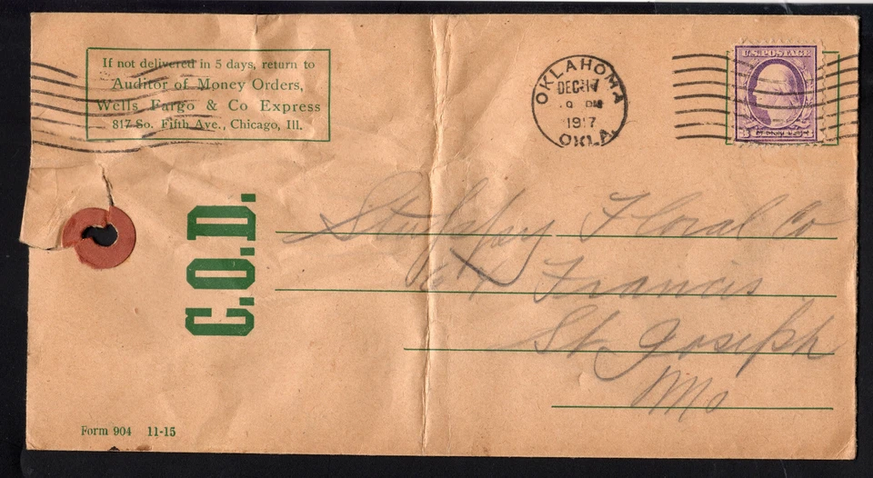 1917 США коллекции при доставке ярлык обложка - Оклахома в Сент-Джозеф, Wells Fargo - Изображение 1 из 3