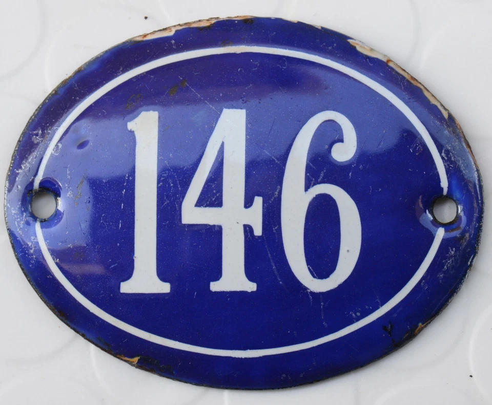 Old blue oval French house number 146 door gate plate plaque enamel steel sign - Image 1 of 1