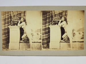 RARE Antique 1860's B/W Stereoview Photo Card Nude Woman Leaning on a Column - Picture 1 of 9