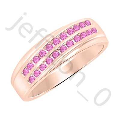 0.90 Ctw Lab Created 粉色蓝宝石 14K 玫瑰金两行戒指男式戒指 — 第 1/4 张图片