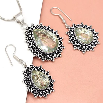 Conjunto de pendientes de oro rutilo joyería 18-20"" colgante cuarzo esterlina Foto 1 de 4