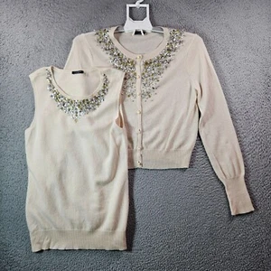 Magaschoni 2PC 100% Cashmere Sweater Cardigan Women Small Cream Elegance - Picture 1 of 17
