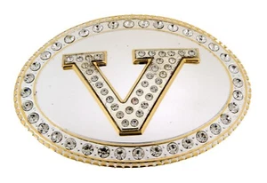 Initial V Letter v Belt Buckle Bling Men Women Gold Silver Metal Western Fashion - Picture 1 of 5