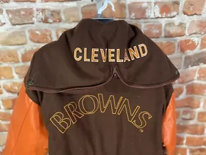 vntg Cleveland Browns Triple Fat Goose jacket XL/L leather wool down 90s puffer - Picture 1 of 12