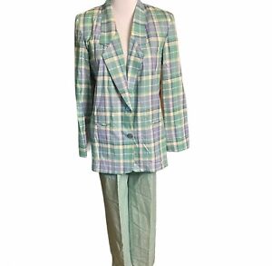 Alfred Dunner pant suit green and yellow plaid size 8 