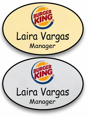 ABC BADGES AND BUTTONS 1 GOLD & 1 SILVER OVAL BURGER KING PERSONALIZED NAME BADGES MAGNETIC FASTENER