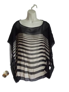 Talbots S M NWT Blouse Kimono 100% Silk Black Beige Striped Scoop Neckline Drape - Picture 1 of 6