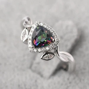 Mystic Topaz Zircon Leaf Ring Sizes M N P R T Sterling Silver 925 Plated