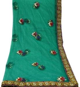 Vintage Heavy Bridal Green Net Dupatta | Hand Embroidered Zardozi Zari Sequins - Picture 1 of 22