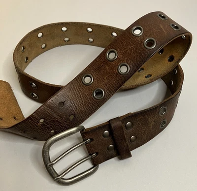 Коричневый кожаный двойной люверс 43 дюйма искусственно состаренная пряжка панк гранж Y2K 1,75 дюйма - Изображение 1 из 4