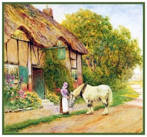 Feeding a Horse at English Country Cottage Strachan Counted Cross Stitch Pattern - Picture 1 of 3