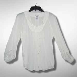 Diane von Furstenberg Gr. 6 creme Baumwolle Modal 3/4 Ärmel vorne zum Binden Bluse Boho - Bild 1 von 12