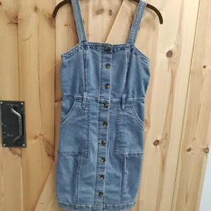 Y2K Demin Blue Sleeveless Jean Dress Sz Small Pockets Buttons Belt Loop Midi - Bild 1 von 14