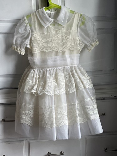 OFF WHITE Abito da festa vintage 1a Comunione frilly organza pizzo perla crinolina bianco sporco