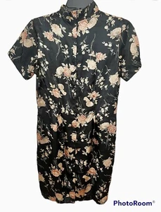Vtg Tempo Collection Womens Dress Small Black Floral Roses Asian Satin USA READ - Picture 1 of 14