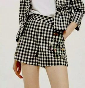 NUEVO CON ETIQUETAS~ Pantalones Cortos de Guinga Bordados Topshop Algodón Cintura Alta Negro Blanco Talla 2 ¡LINDOS! - Imagen 1 de 12