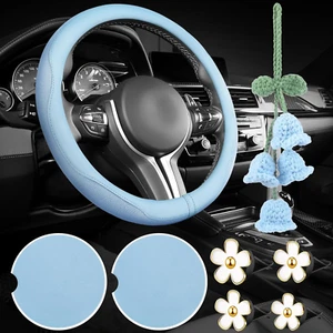 Blue Car Accessories Set - Car Steering Wheel Cover, Ceramic Cup Holder, Crochet - Picture 1 of 12
