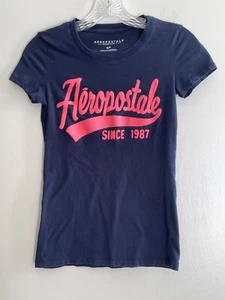Y2K Aeropostale T-shirt bambino donna S blu navy con stampa sbuffo glitter rosa - Foto 1 di 6