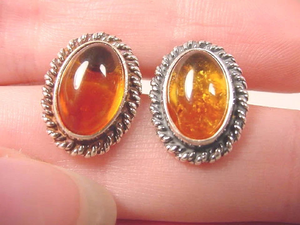 (PE32-2B) AMBER Orange Baltic Poland .925 Sterling SILVER stud EARRINGS Jewelry Foto 1 de 1