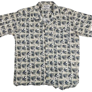 Columbia Men’s Sz L Brown/Hunter Green/Tan Fish Montage Abstract Short Sl Shirt - Picture 1 of 14