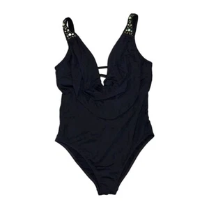 Laundry By Shelli Segal Swimsuit Sz Medium Black Deep V Neck Beaded - Picture 1 of 5