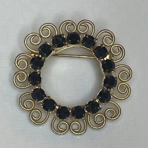 Runde Brosche Anstecknadel Kreis schwarz Strass goldfarben Drahtwirbel - Bild 1 von 4