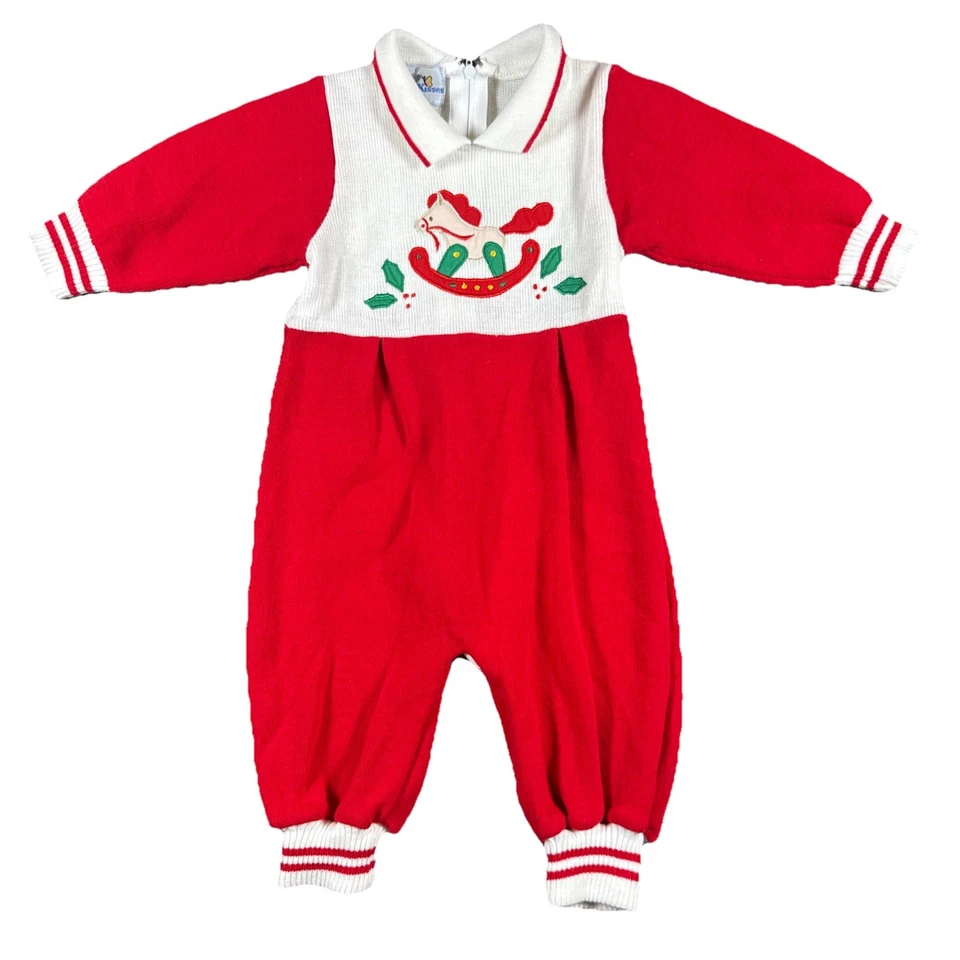 Mameluco rojo vintage para bebés niños vacaciones Navidad 6-9 meses caballo mecedor cremallera Foto 1 de 4