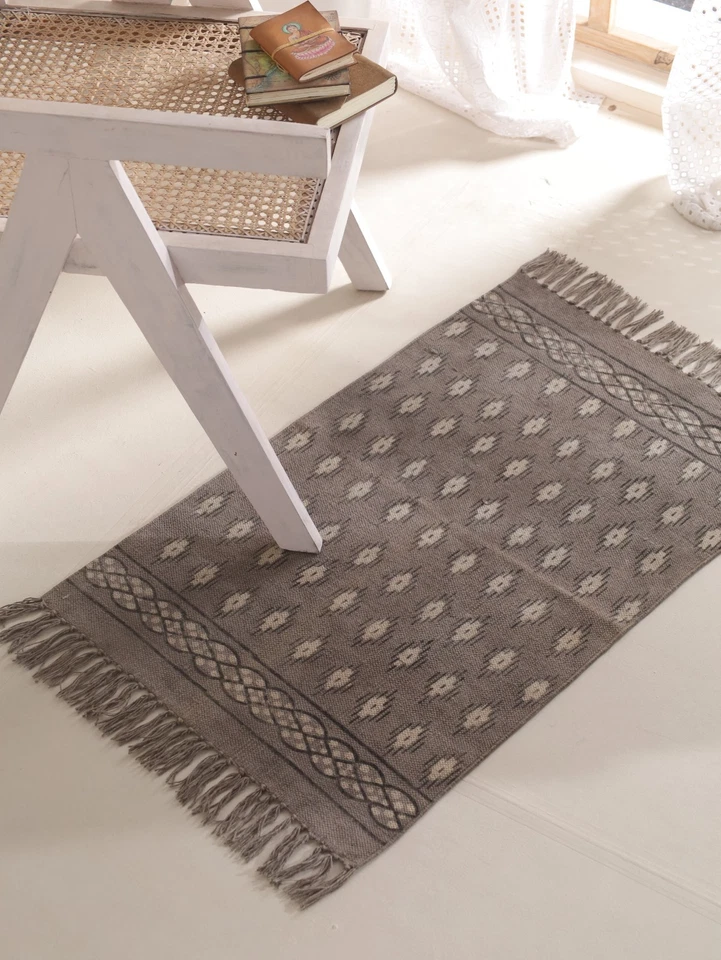 Boho Cotton Area Rug Gray Tribal Print with Decorative Borders Floor Carpet Mat - Image 1 of 4